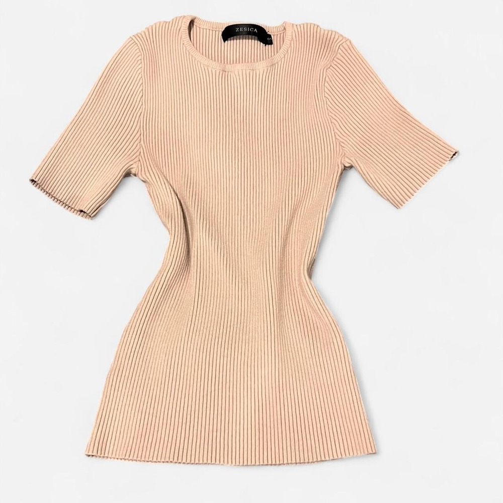 Zesica Women Ribbed Short Sleeve T Shirt Tan Pink Crew Neck Knit Top XS